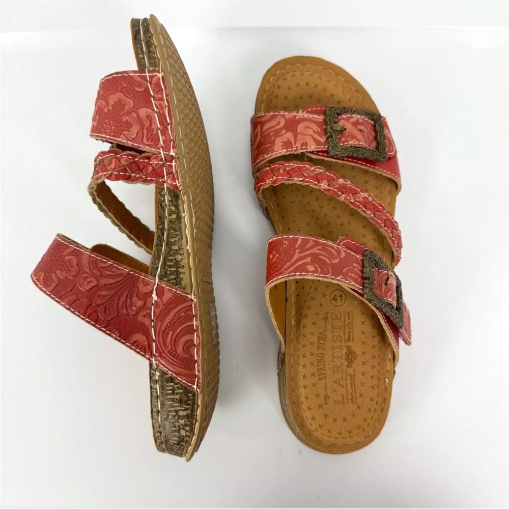 L'Artiste Spring Step ASTRA Red Leather Strappy Buckle Slip On Sandals 41 US 10 - Picture 4 of 8